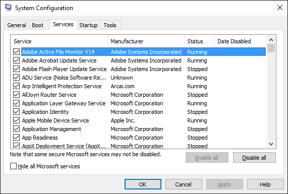 servicios de Windows en la configuración del sistema